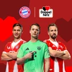 FC Bayern Myunxen jamoasining uch nafar futbolchisi yurak shaklidagi geometrik naqshlar tushirilgan qizil fon oldida turibdi. Chapdan o‘ngga: Garri Keyn, Jamal Musiala va Manuel Noyer. Ularning ustida FC Bayern Myunxen logotipi va Doppelherz logotipi joylashgan bo‘lib, bu brendlar o‘rtasidagi hamkorlikni anglatadi.